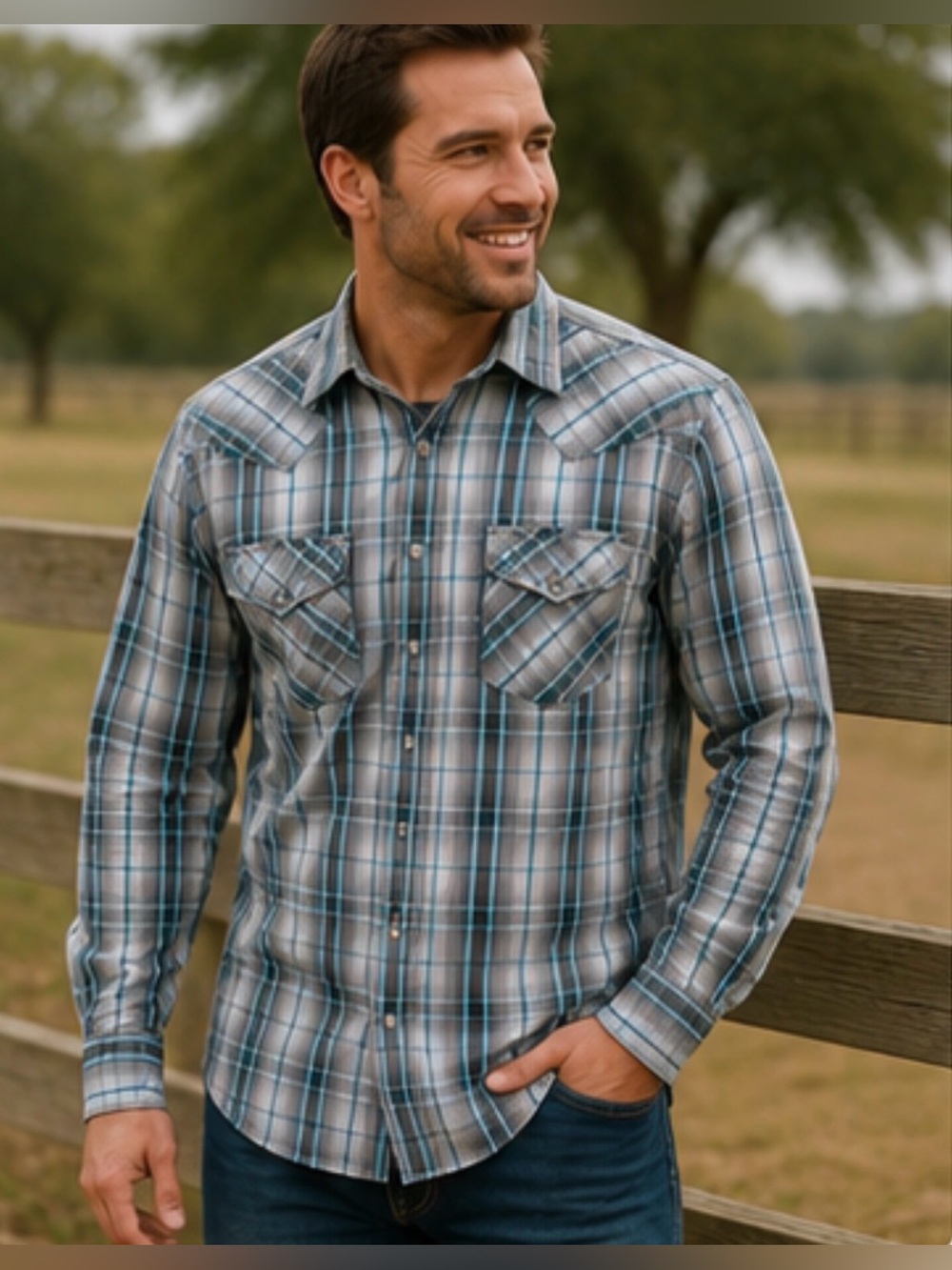 Wrangler Blue & Gray Plaid Western Snaps Shirt